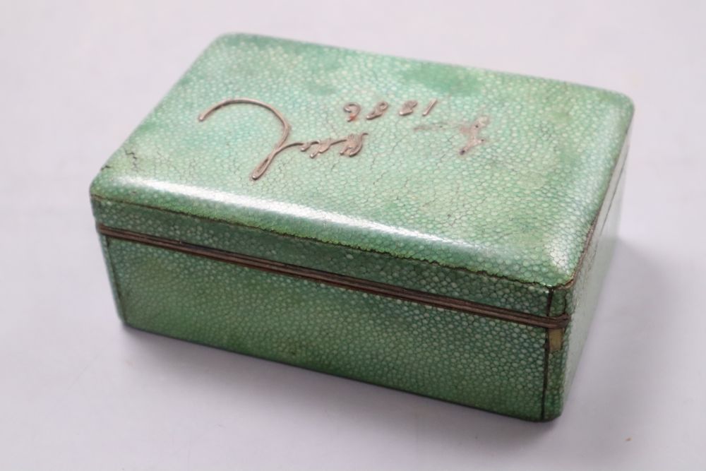 An early 20th shagreen and silver mounted cigarette box, width 15cm